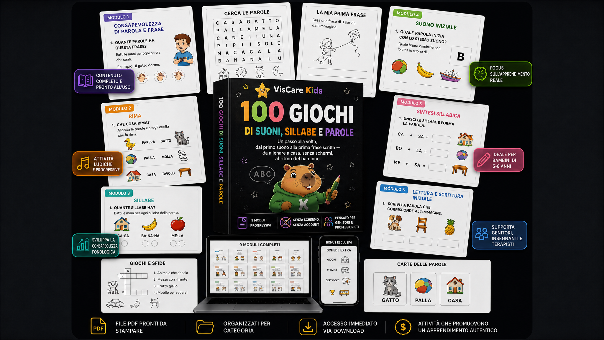 Anteprima del materiale 100 Giochi di Suoni, Sillabe e Parole: copertina e pagine di esempio dei 9 moduli