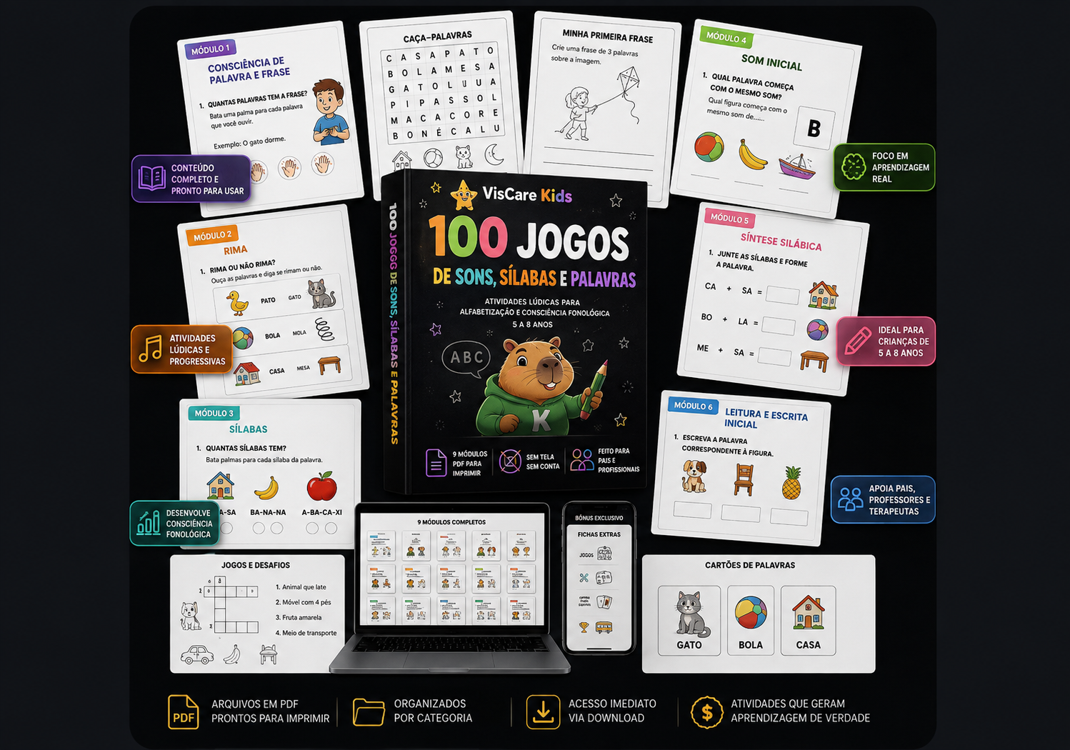 Prévia do material 100 Jogos de Sons, Sílabas e Palavras: capa e páginas de exemplo dos 9 módulos