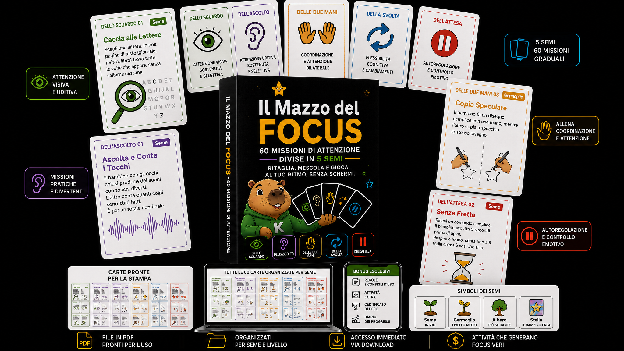Anteprima del Mazzo del Focus: copertina e carte di esempio dei 5 semi