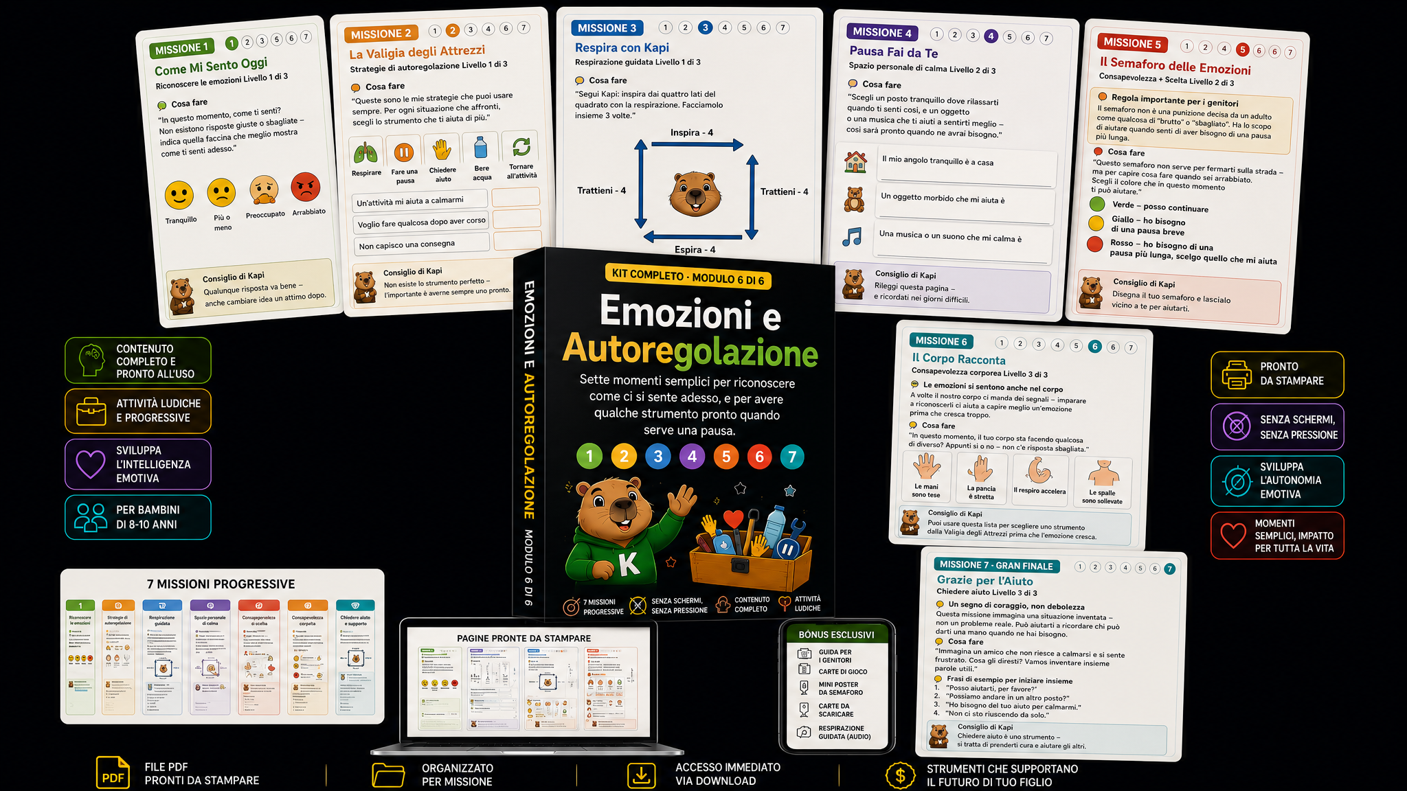 Anteprima del Kit Completo VisCare Kids: copertina del Modulo Emozioni e Autoregolazione e pagine di esempio