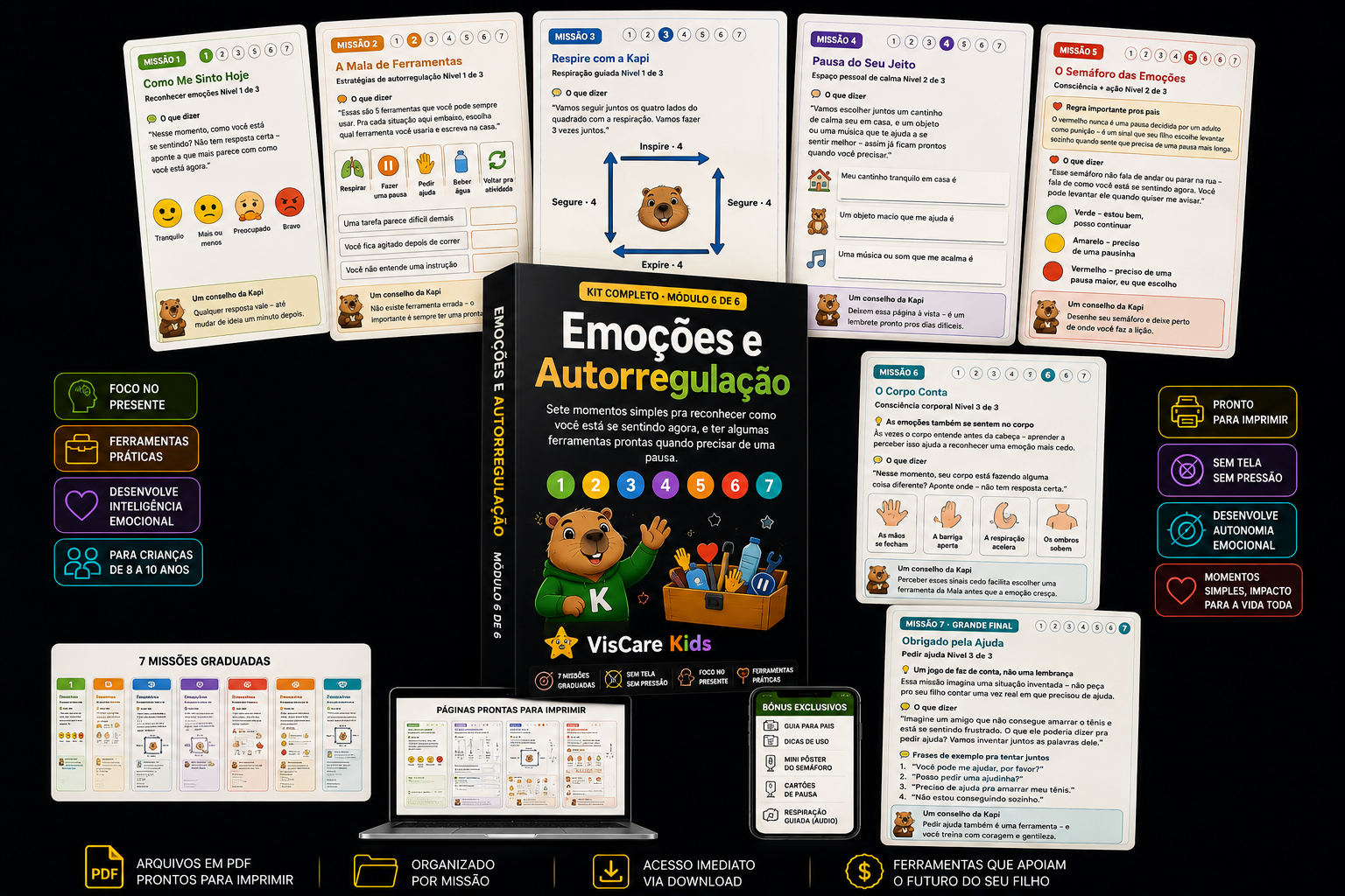 Prévia do Kit Completo VisCare Kids: capa do Módulo Emoções e Autorregulação e páginas de exemplo