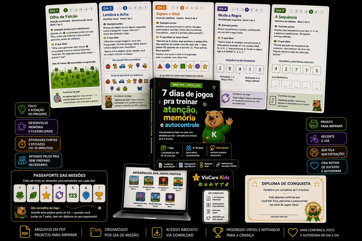Prévia do Mini Kit Atenção: capa e páginas de exemplo dos 7 dias de missões