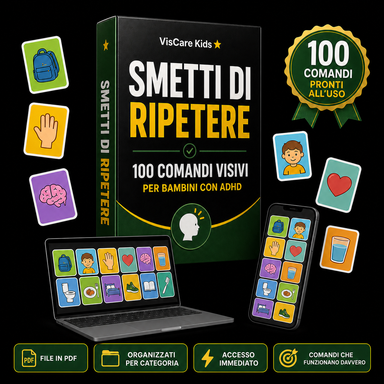 Anteprima del materiale Smetti di Ripetere: copertina e carte di esempio dei 100 comandi visivi