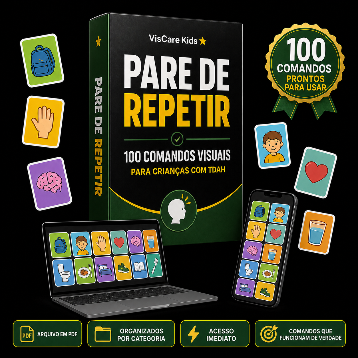 Prévia do material Pare de Repetir: capa e cartões de exemplo dos 100 comandos visuais